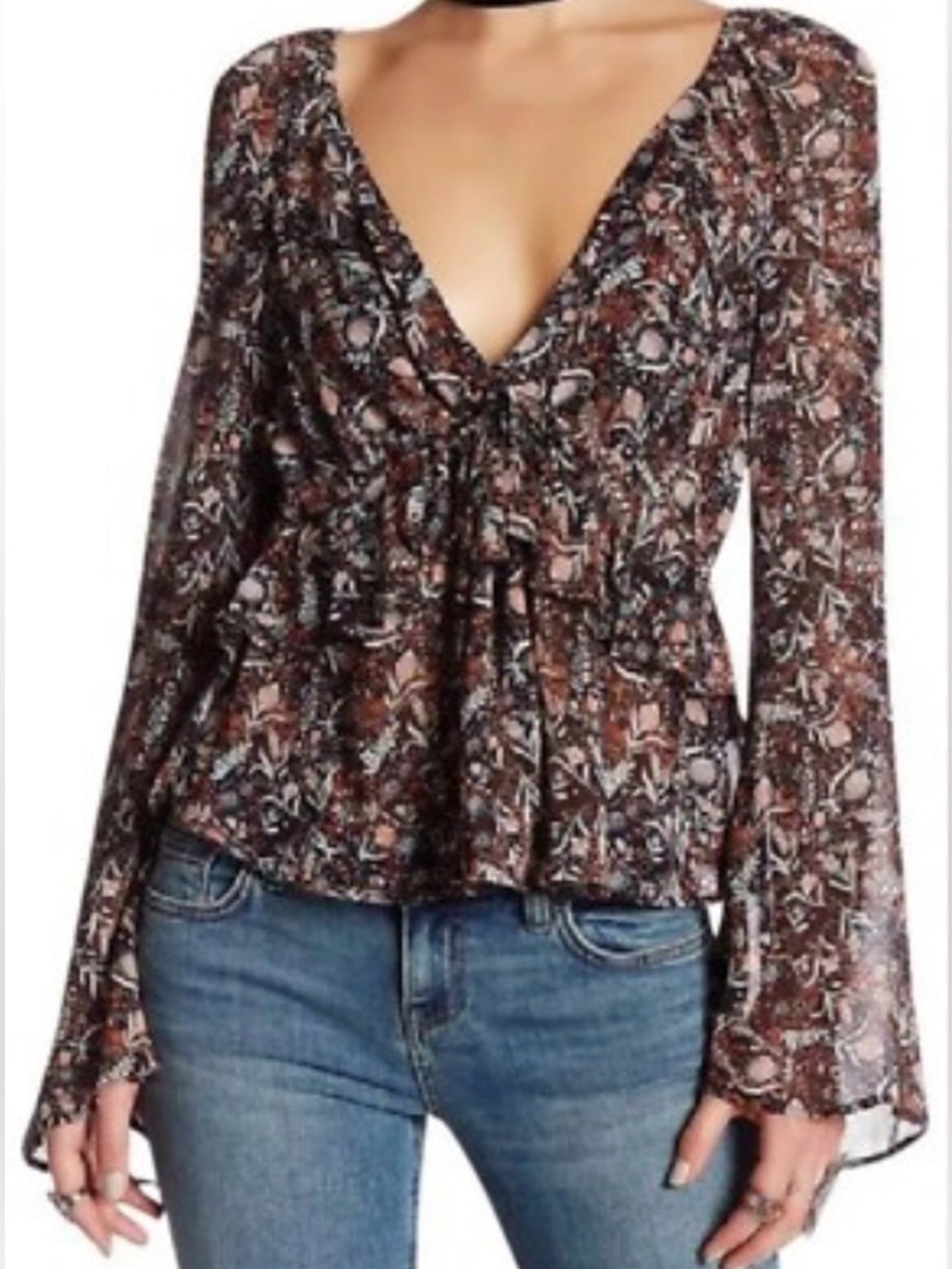 Free People Uptown Floral Bell Sleeve Top Size  XS